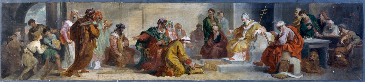 Pave Damasus mottar personligheter fra øst, av Luigi Fontana (1827-1908), forberedende skisse for fresker i basilikaen San Lorenzo i Damaso i Roma, Italia av Luigi Fontana