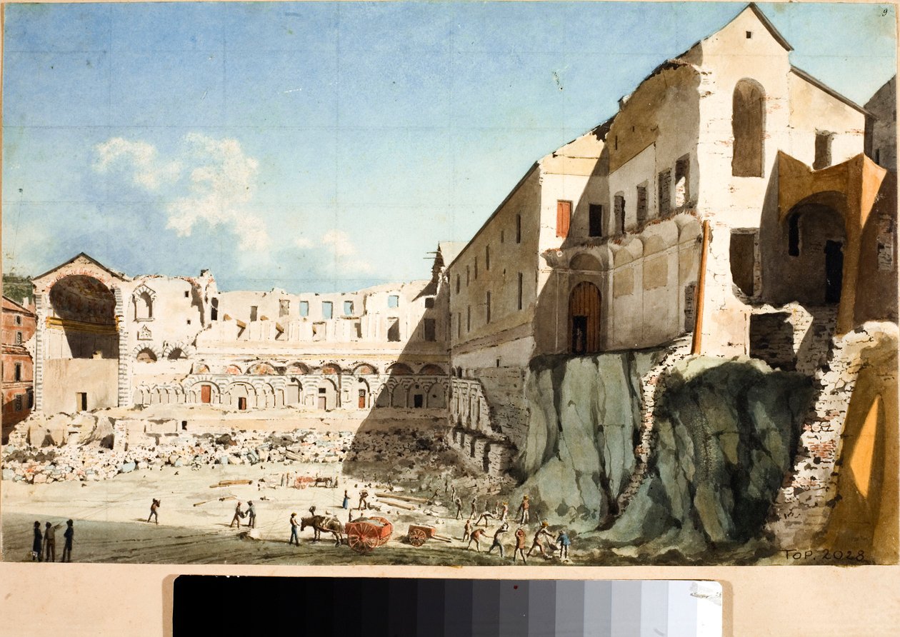 Byggeplass for riving av kirken og klosteret Saint Dominica i Genova (Akvarell, ca. 1825) av Luigi Garibbo