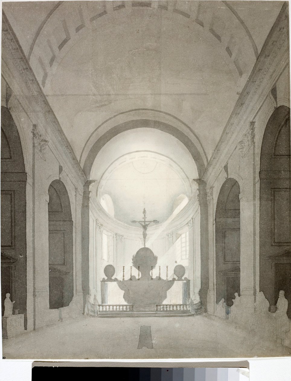 Innvendig utsikt over en kirke (Tegning og akvarell, ca 1825) av Luigi Garibbo