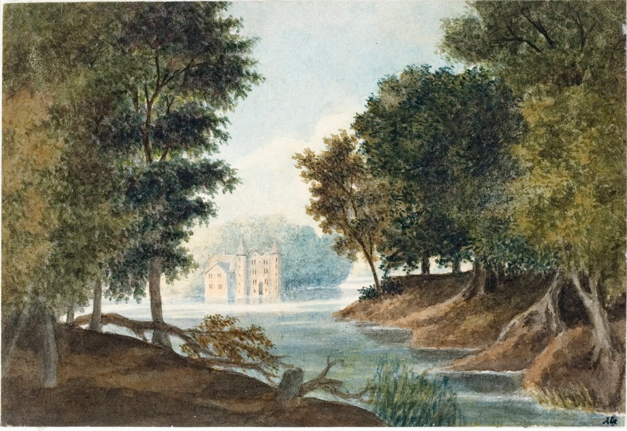 Landskap med elv og villa (akvarell, ca. 1825) av Luigi Garibbo