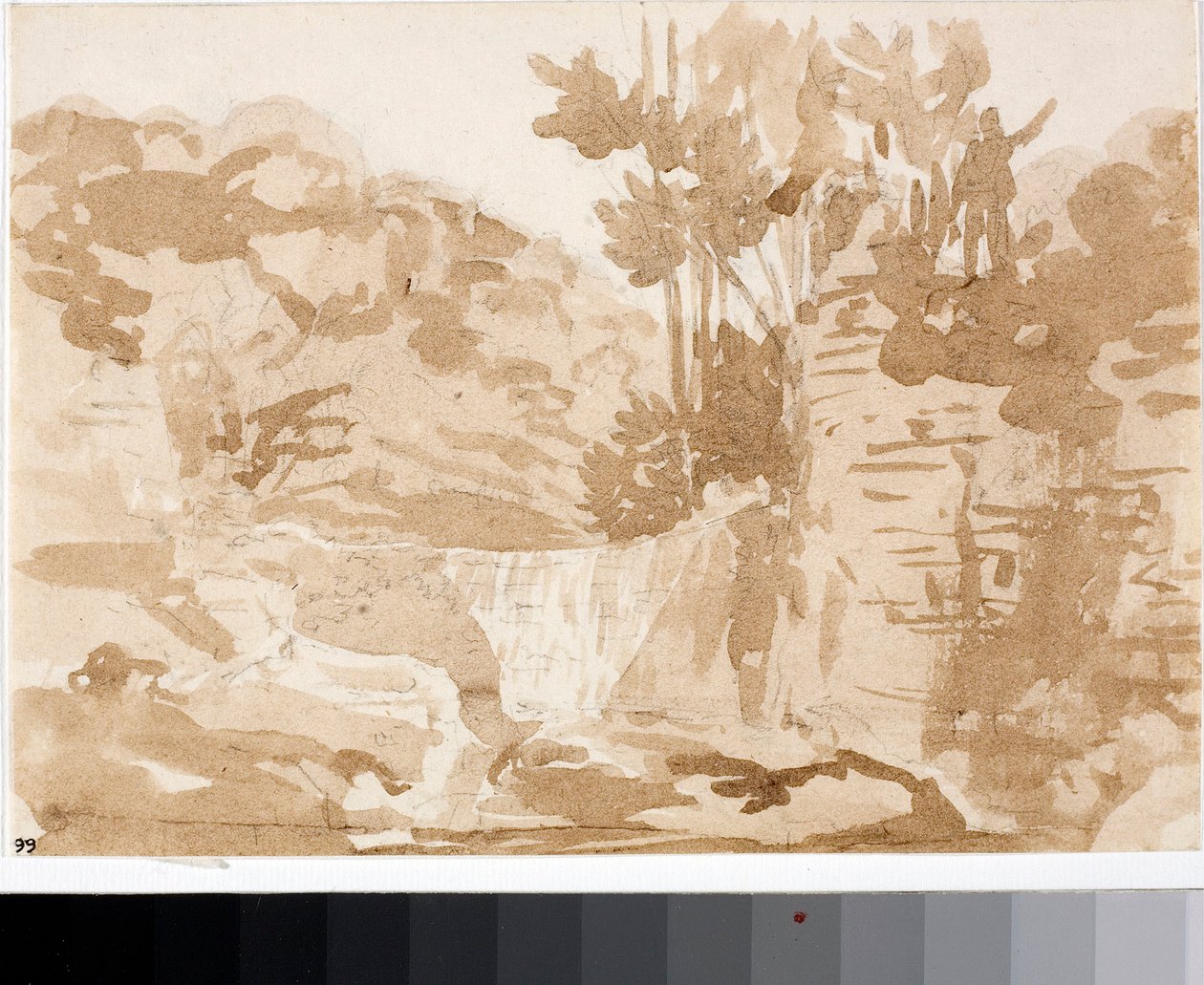 Landskap med fossefall ved Settignano, Toscana (akvarell, ca 1820) av Luigi Garibbo