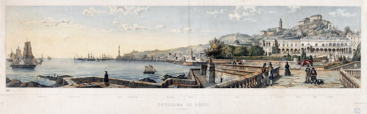 Panoramautsikt over byen Genova (litografi av Luigi Garibbo