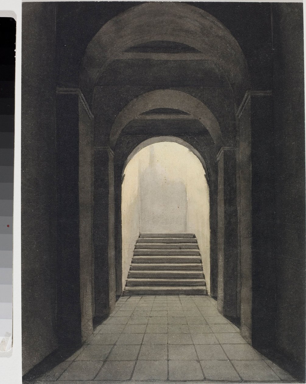 Perspektiv av korridoren ved Capuchins-klosteret, i Genova (akvarell, ca. 1825) av Luigi Garibbo