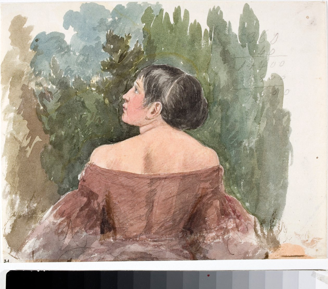 Portrett av ung kvinne fra baksiden (Akvarell, ca. 1825) av Luigi Garibbo