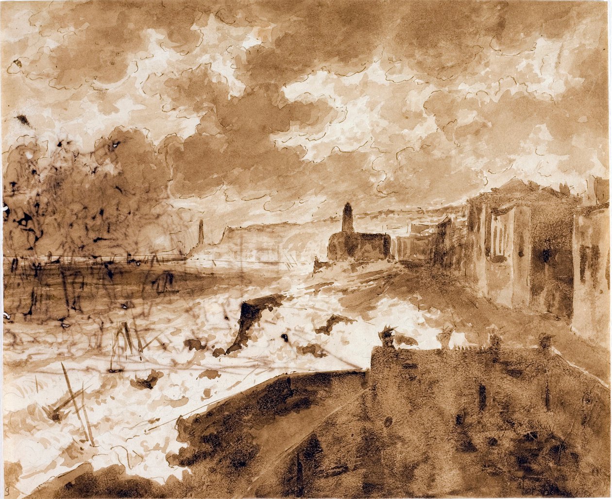 Seaside i Genova, under høyvannet i 1821 (Akvarell, ca. 1821) av Luigi Garibbo