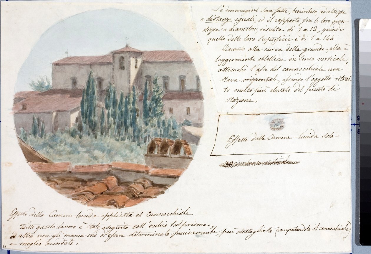 Teleskopvisning av San Salvatore al monte kirke nær Firenze (Tegning og akvarell, ca 1833) av Luigi Garibbo
