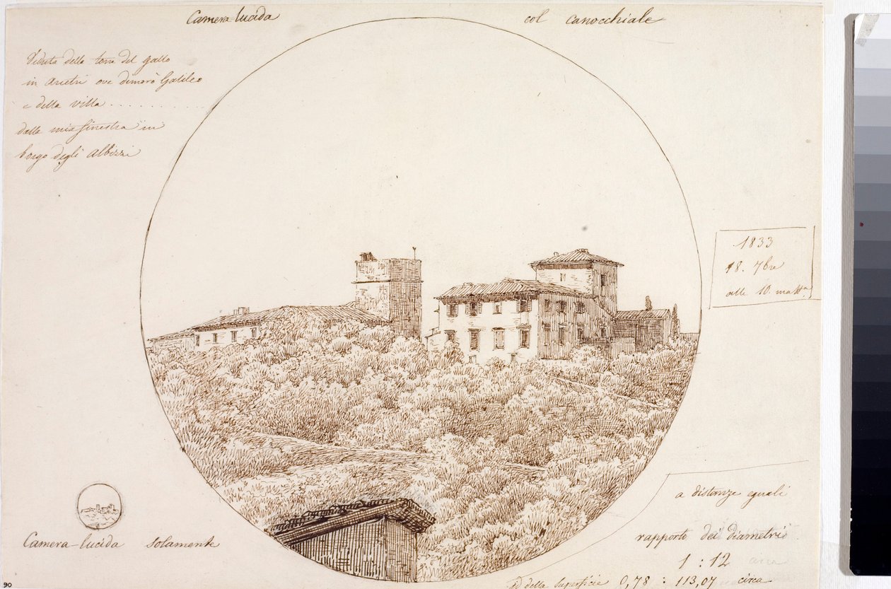 Teleskopvisning av Torre del Gallo ved Arcetri nær Firenze (Tegning, ca 1833) av Luigi Garibbo