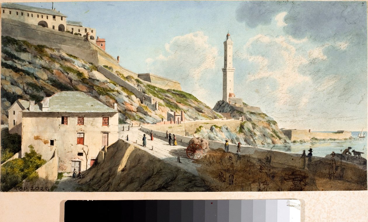 Lanterna, fyret i byen Genova (akvarell, ca 1825) av Luigi Garibbo