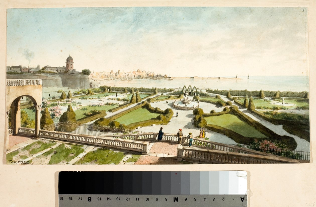Parken til villaen til Prins Doria og Genova i bakgrunnen (Tegning og akvarell, ca 1825) av Luigi Garibbo