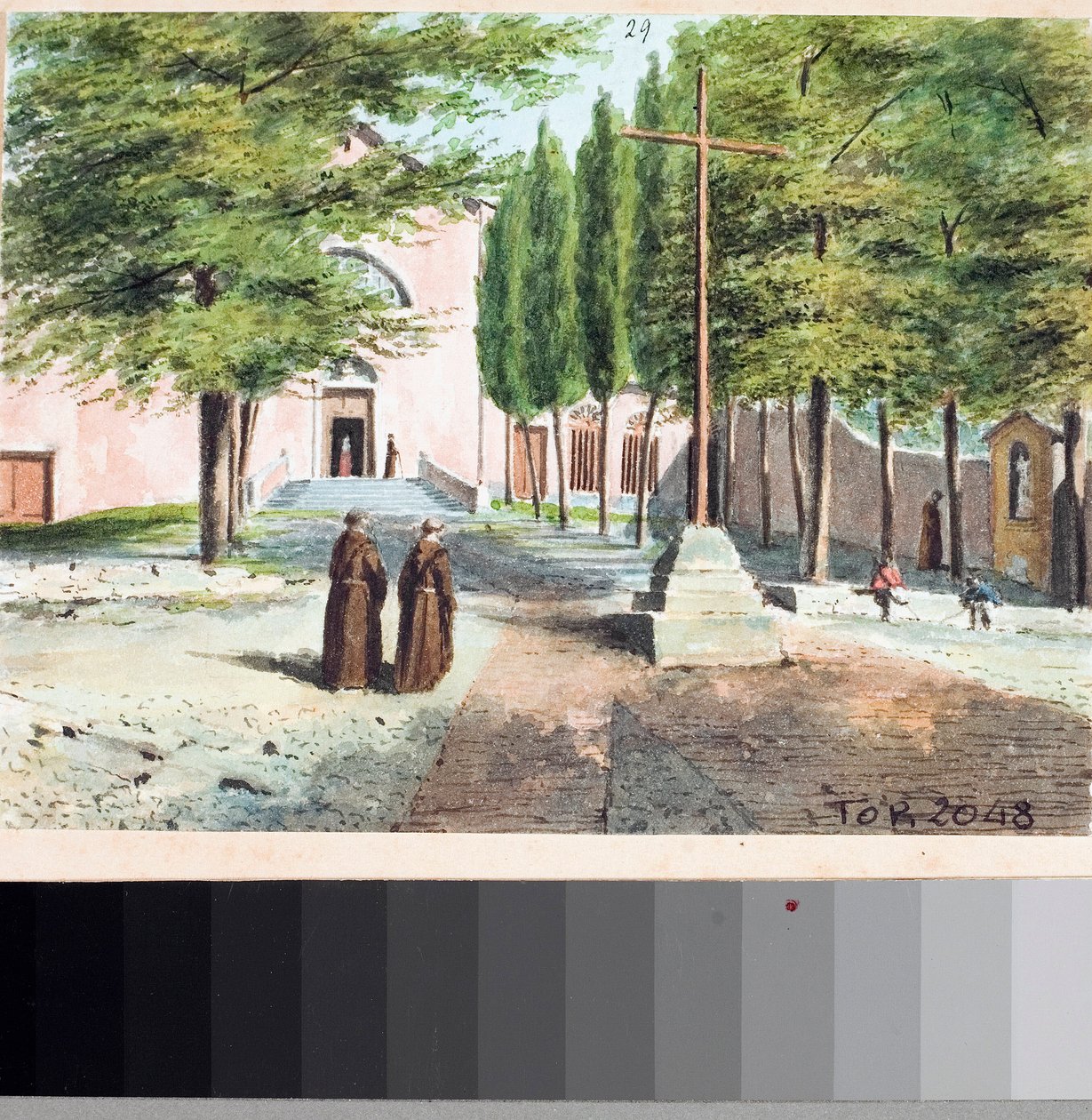 Utsikt over Capuchin-kirken, Genova (Tegning og akvarell, ca 1825) av Luigi Garibbo