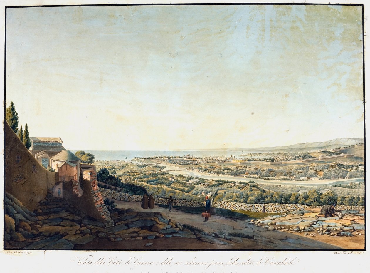 Utsikt over Genova og omgivelsene fra veien til Camaldoli (Etching av Luigi Garibbo