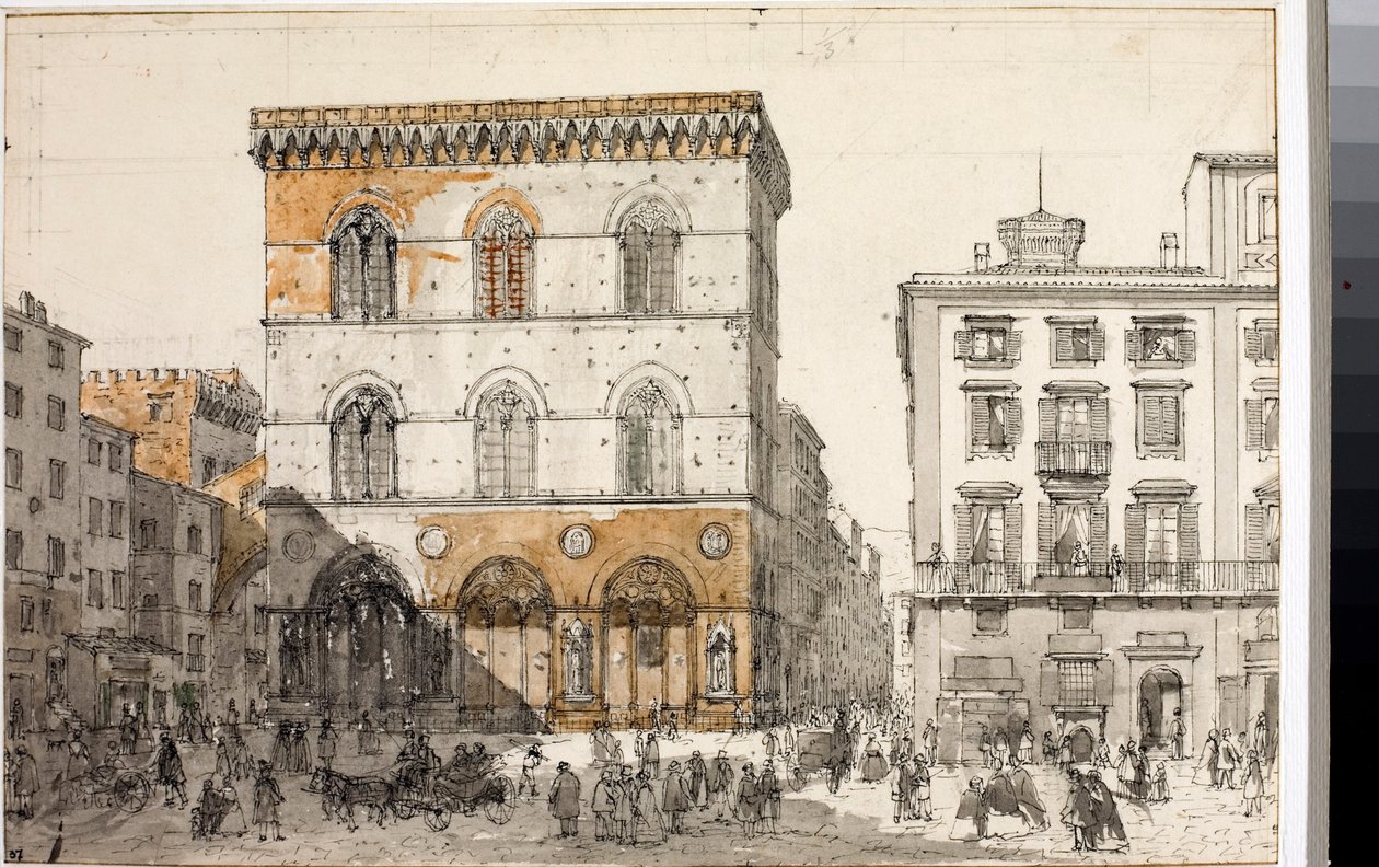 Utsikt over Orsanmichele kirke i Firenze (Akvarell, ca 1820) av Luigi Garibbo