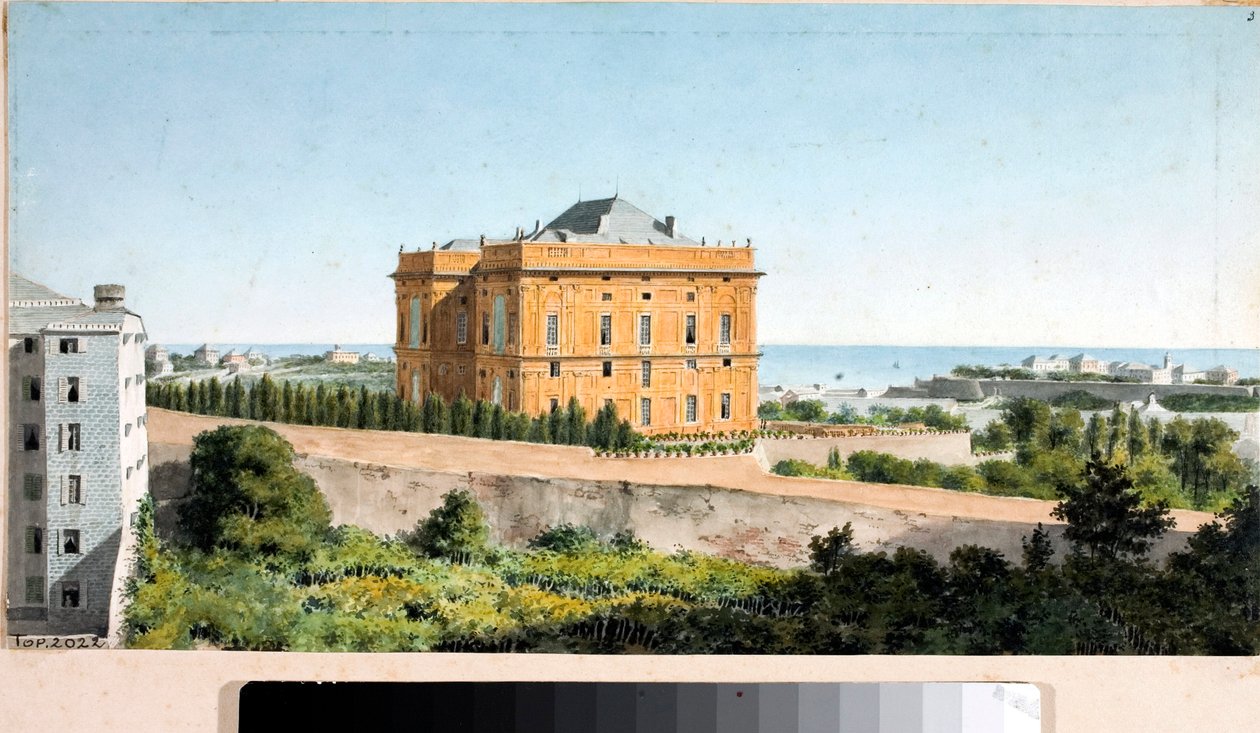 Utsikt over Palazzo Pallavicini kalt Palazzo delle Peschiere, Genova (Akvarell, ca. 1825) av Luigi Garibbo