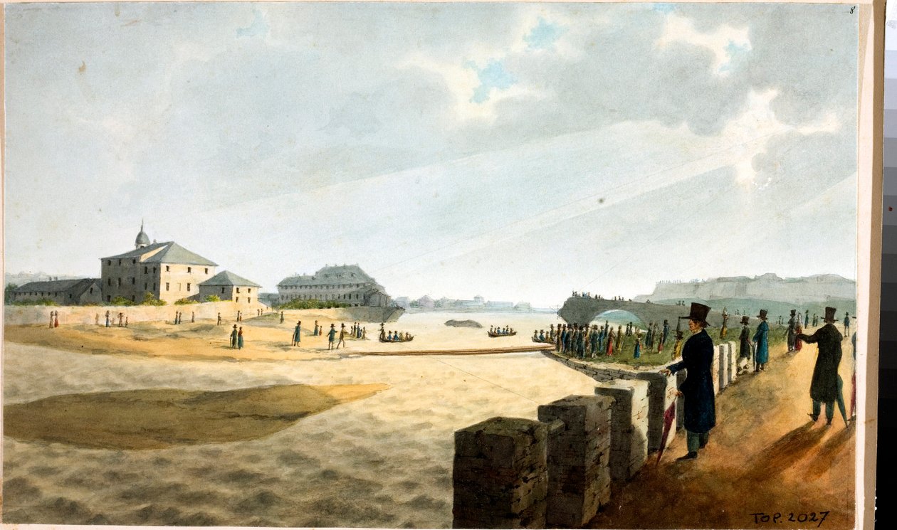 Utsikt over Pila-broen i Genova (akvarell, ca 1825) av Luigi Garibbo