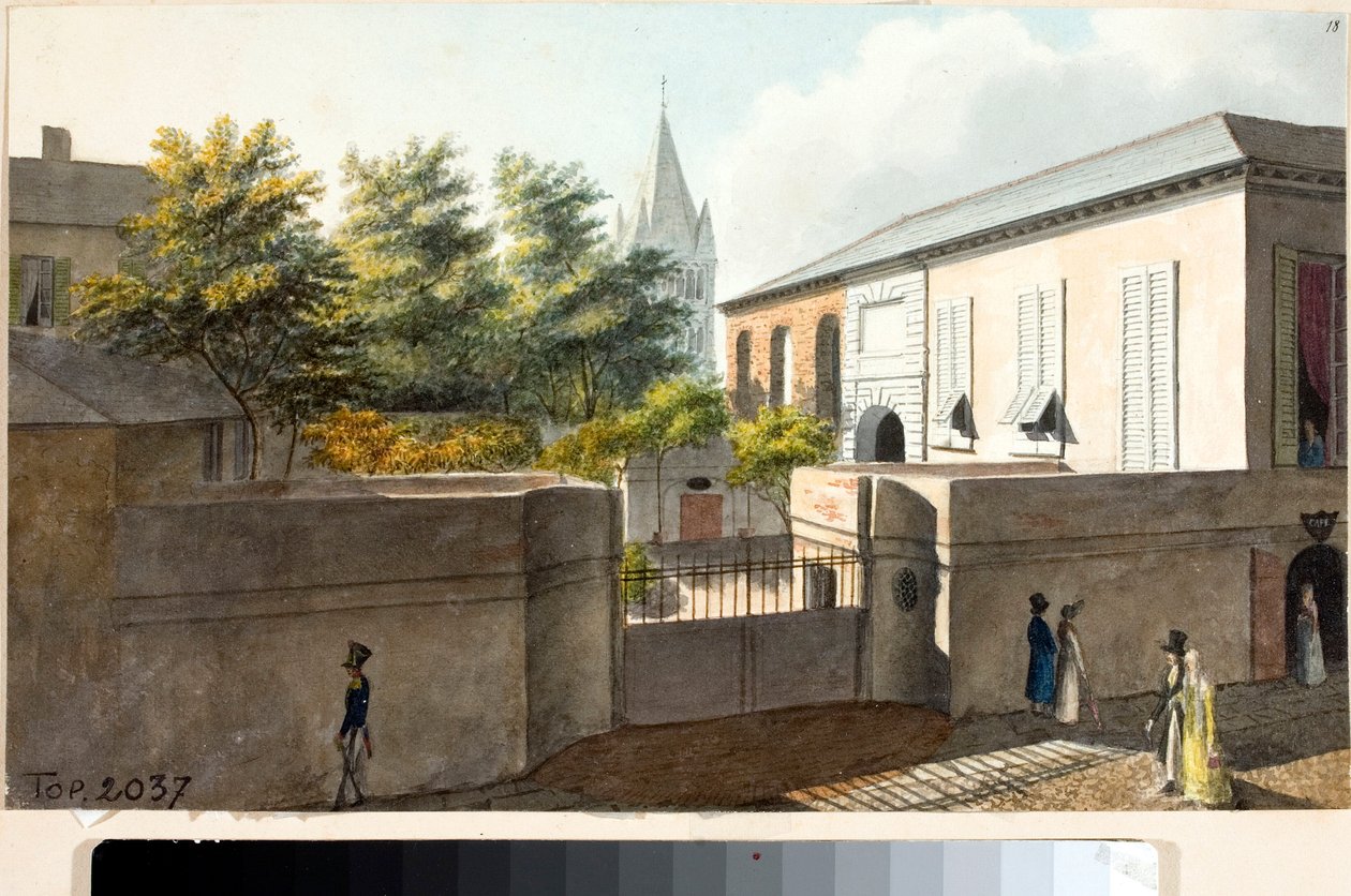 Utsikt over Villa Faraggiana og klokketårnet i Pre (Tegning og akvarell, ca. 1825) av Luigi Garibbo