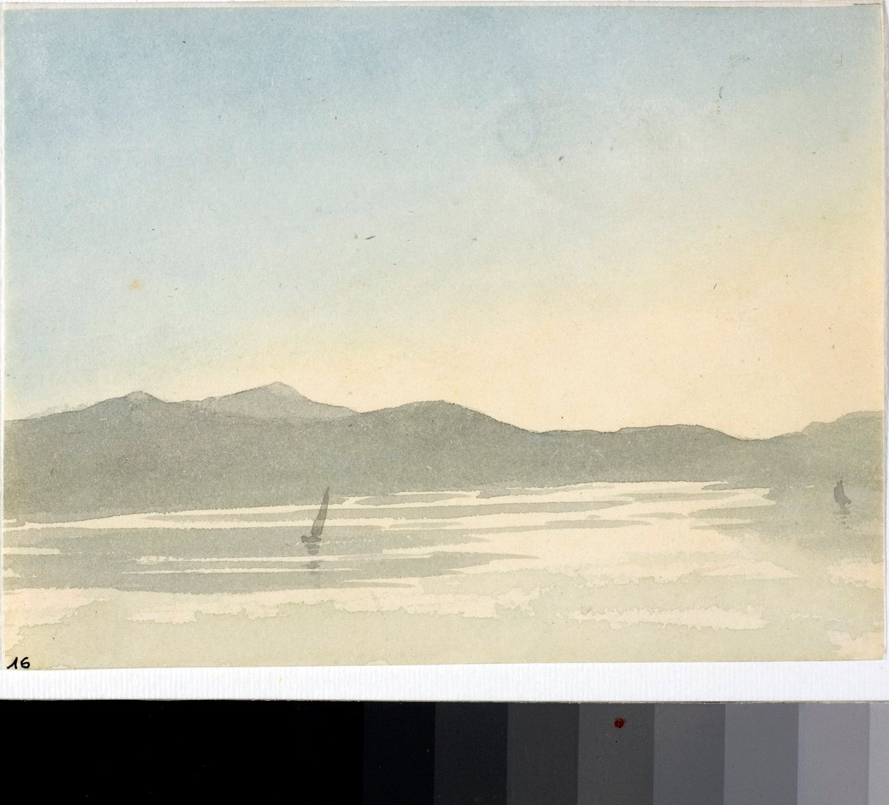 Utsikt over en innsjø ved daggry (Akvarell, ca. 1825) av Luigi Garibbo