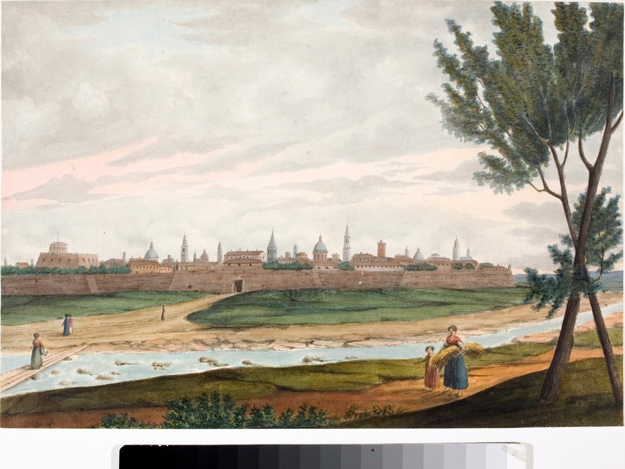 Utsikt over en by med murer, sannsynligvis Lucca i Toscana (blekk og akvarell, ca 1820) av Luigi Garibbo