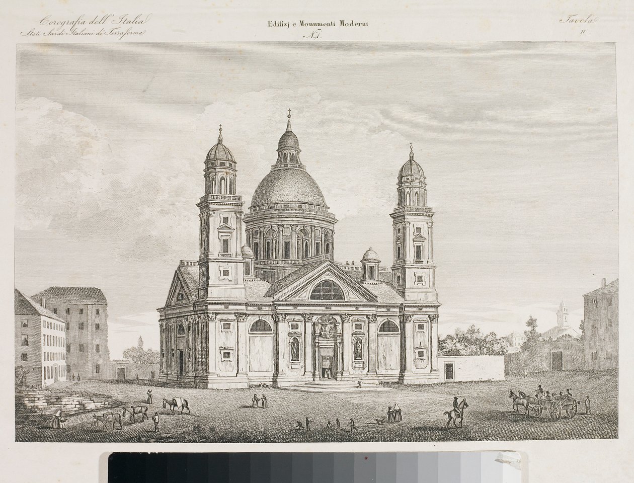 Utsikt over basilikaen Santa Maria Assunta di Carignano i Genova (etsing av Luigi Garibbo