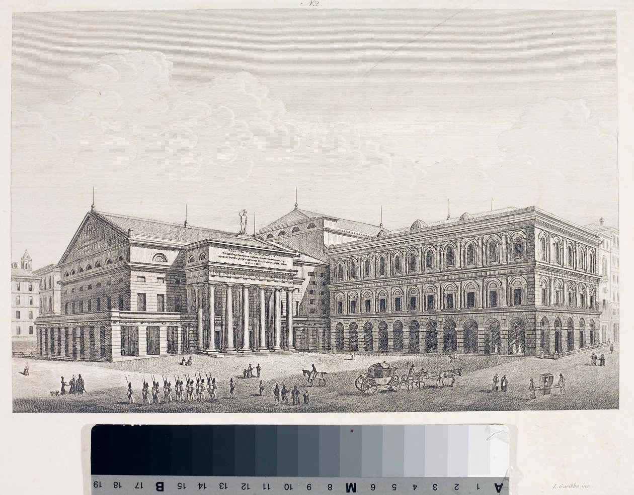 Utsikt over Carlo Felice Theatre og Palace of the Accademia i Genova (Etching av Luigi Garibbo