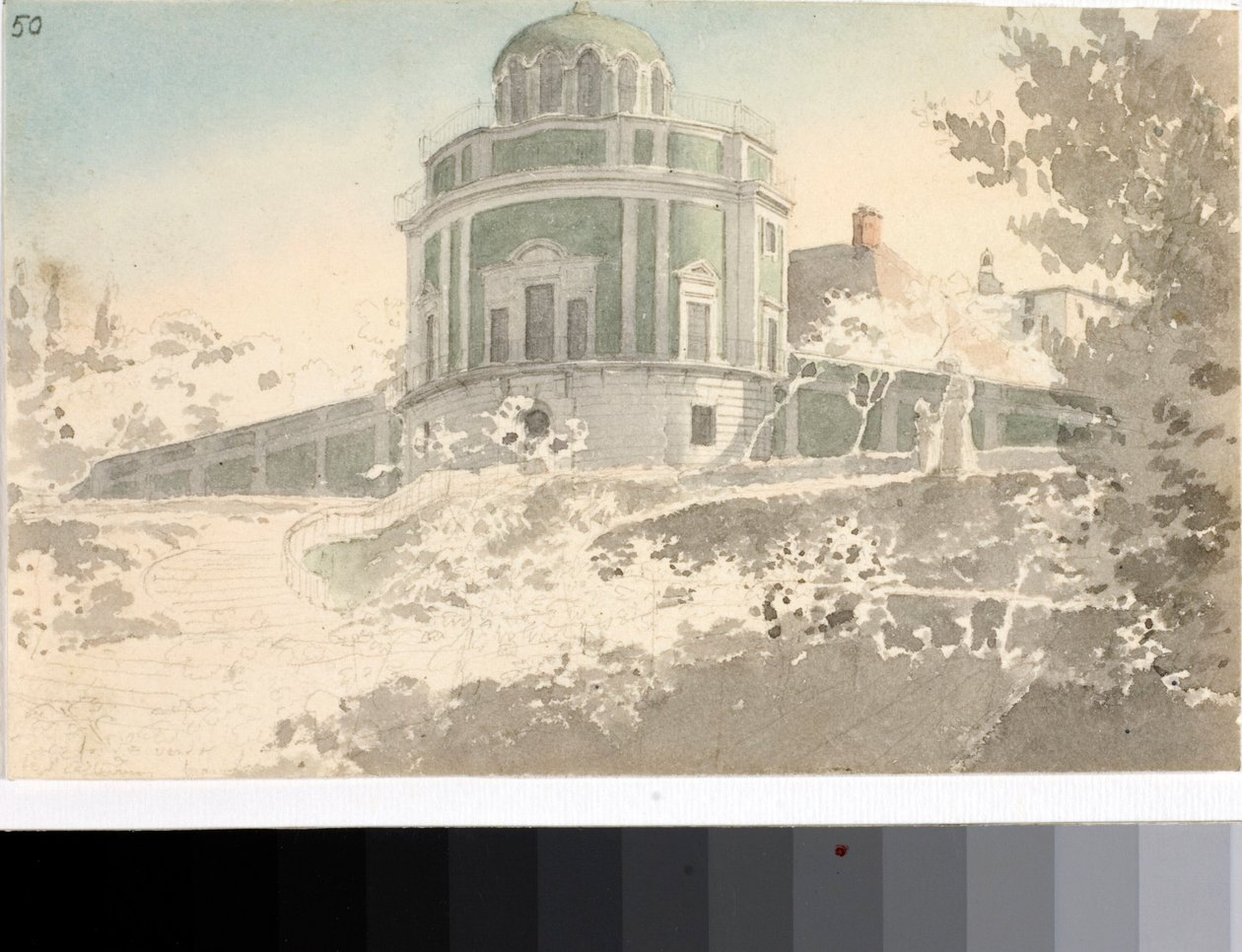 Utsikt over Pavilion Kaffeehause i hagene til Boboli (Akvarell, ca. 1825) av Luigi Garibbo