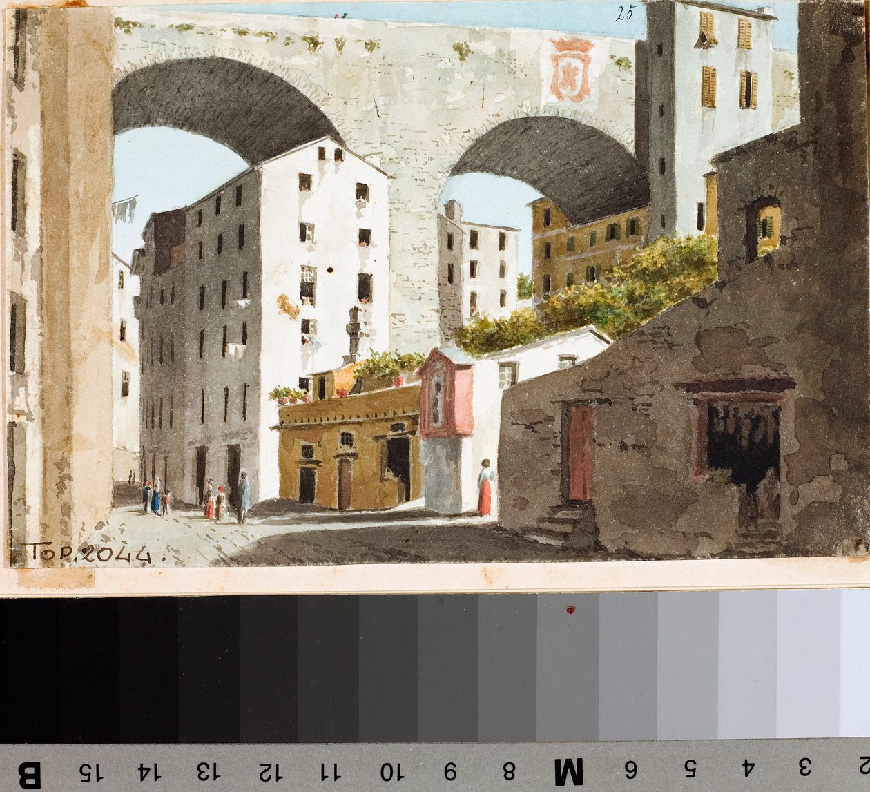 Utsikt over broen Carignano i Genova (Tegning og akvarell, ca 1825) av Luigi Garibbo
