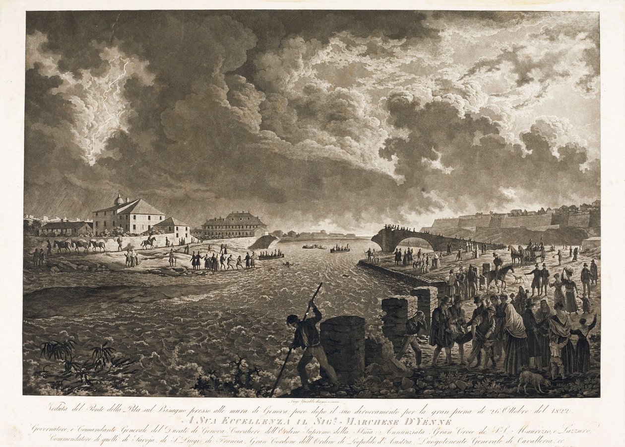 Utsikt over broen Pila i Genova, etter flommen i Bisagno-floden 26.10.1822 (Etsing, ca. 1822) av Luigi Garibbo