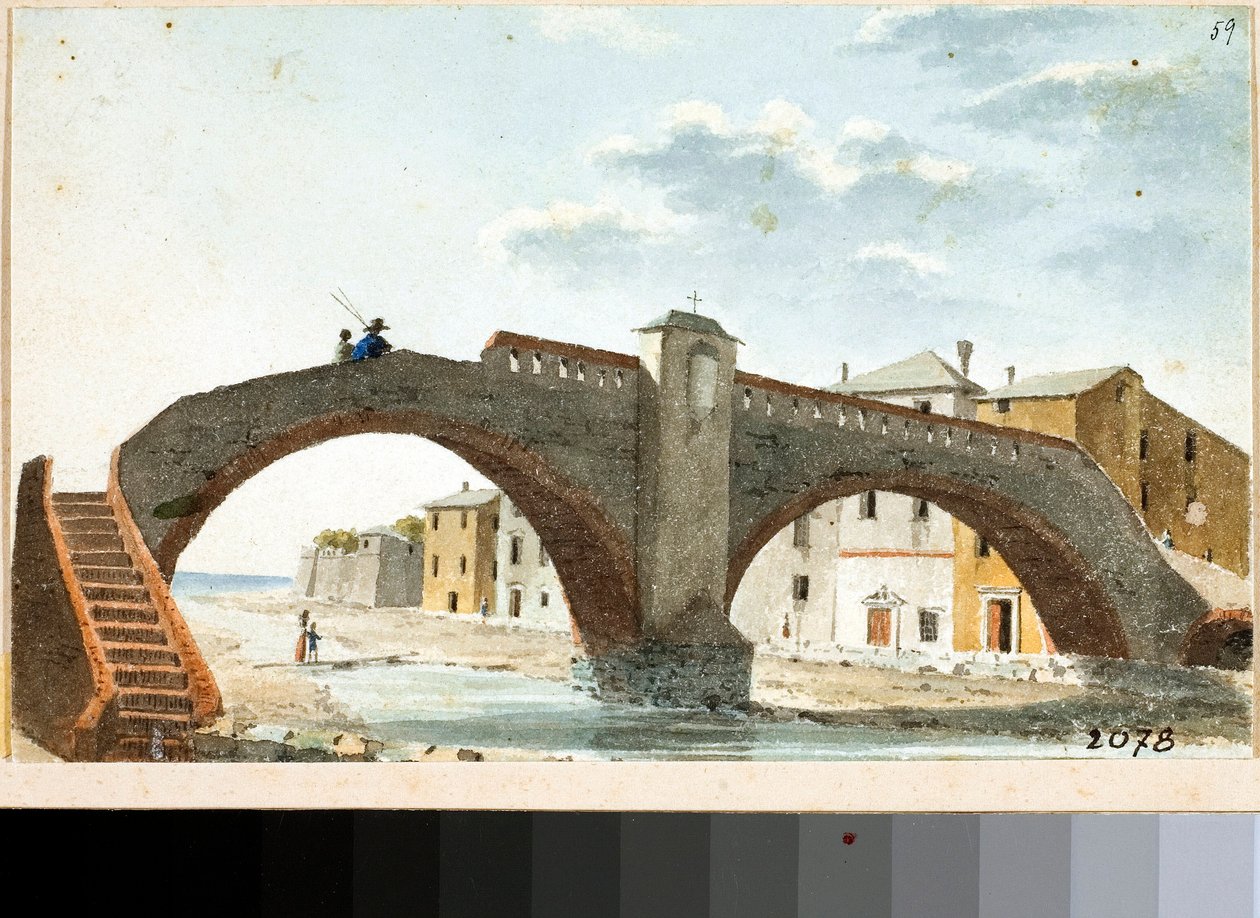 Utsikt over broen over Leira i Voltri, Genova (Akvarell, ca 1820) av Luigi Garibbo