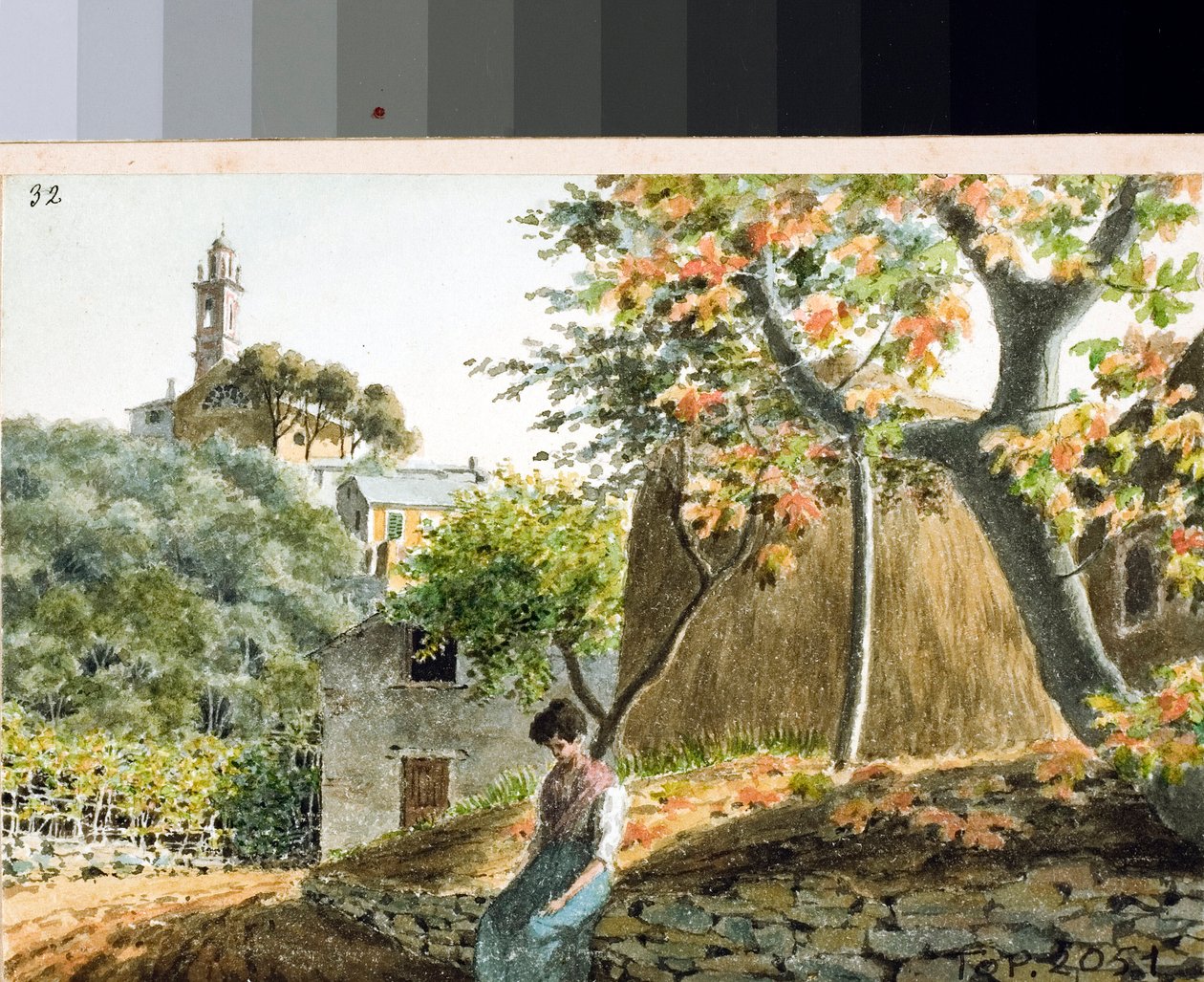 Utsikt over kirken San Bartolomeo på Mount Staglieno, Genova (Tegning og akvarell, ca 1825) av Luigi Garibbo