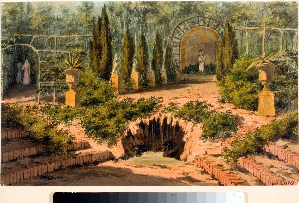 Utsikt over hagen til villaen Doria a Pegli nær Genova (Akvarell, ca. 1825) av Luigi Garibbo