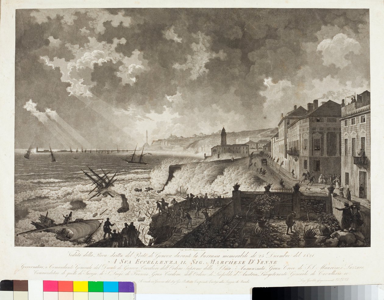 Utsikt over havnen i Genova under stormen den 25.12.1821 (gravering, ca. 1821) av Luigi Garibbo