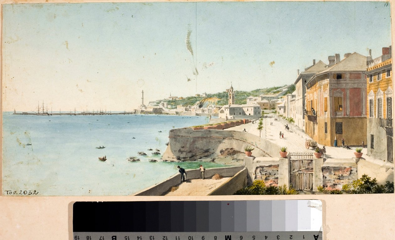 Utsikt over havnen i Genova med Lanterna, byens fyrtårn, bastioner og kirken San Teodoro (Akvarell av Luigi Garibbo