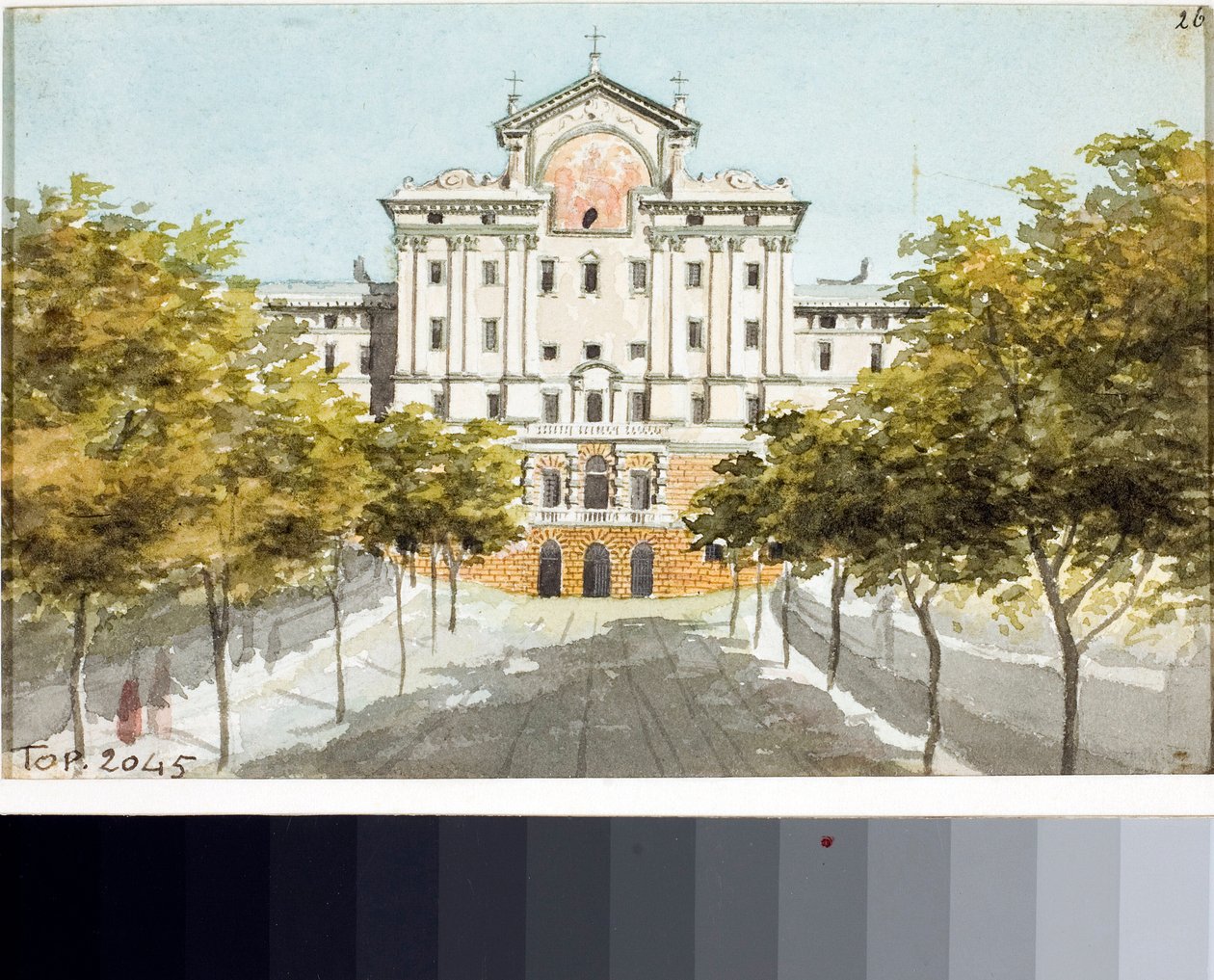 Utsikt over hospitset til de fattige i Genova (Tegning og akvarell, ca 1825) av Luigi Garibbo