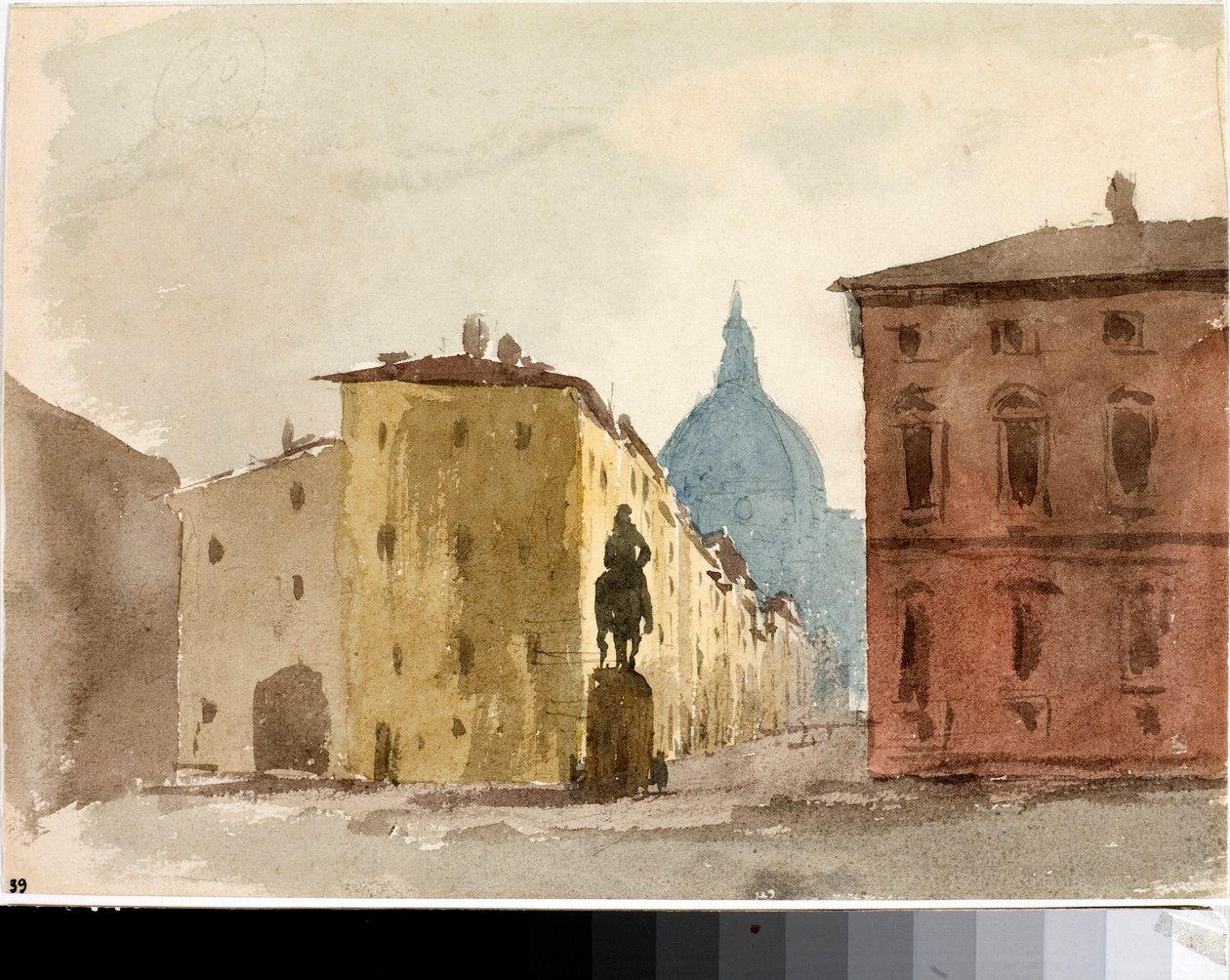 Utsikt over torget til kirken Santa Annunziata, Firenze (Akvarell, ca. 1825) av Luigi Garibbo