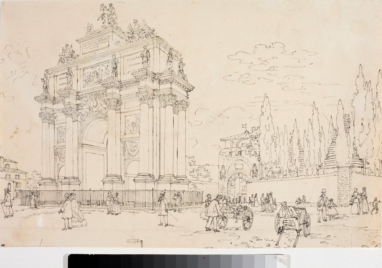Utsikt over triumfbuen i Porta san Gallo, Firenze (Tegning, ca 1825) av Luigi Garibbo