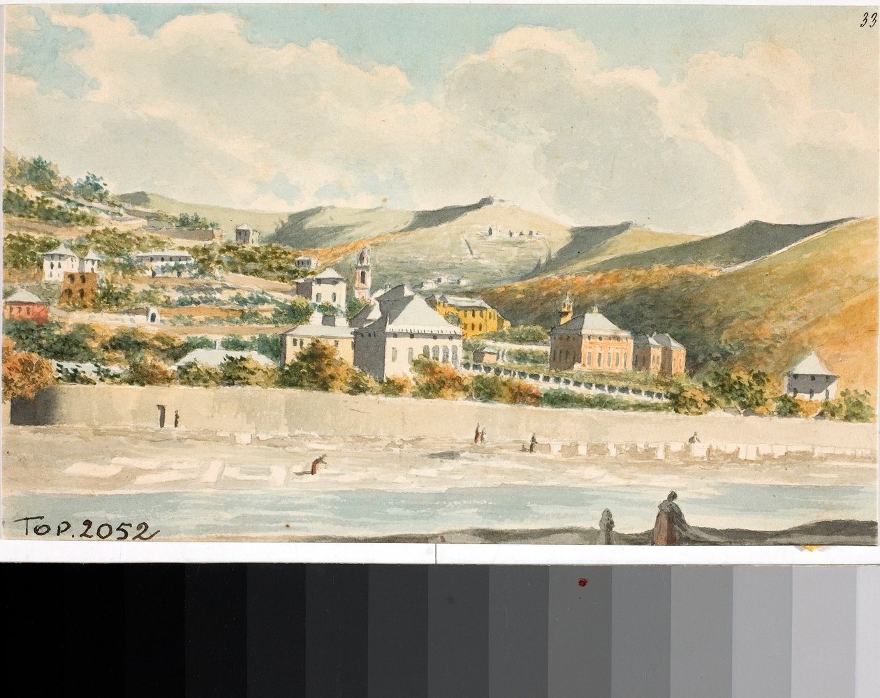 Utsikt over Marassi-høyden med klokketårnet til Santa margherita-kirken nær Genova (Akvarell, ca 1825) av Luigi Garibbo