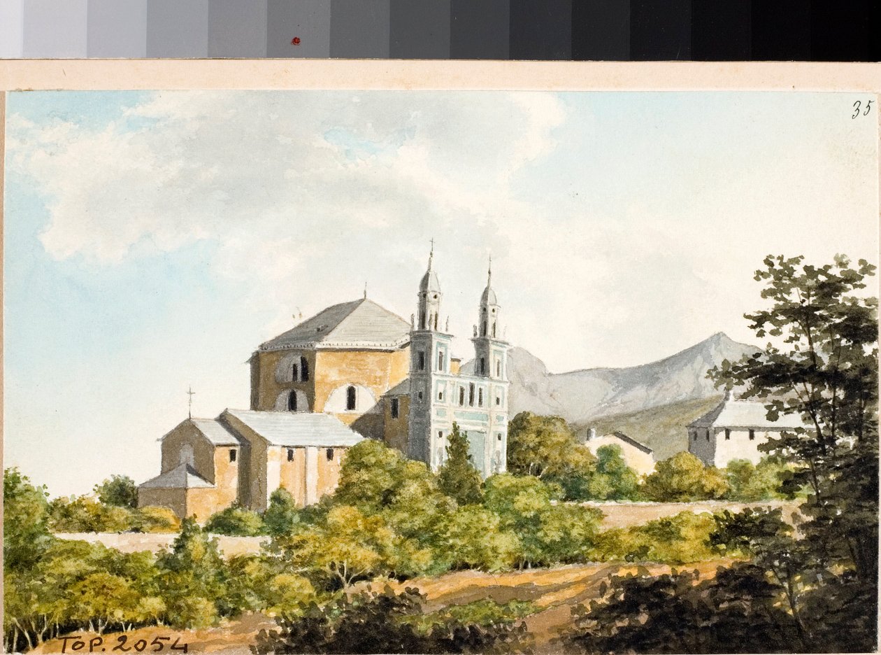 Utsikt over kirken ss Nazarius og Celsus i Arenzano, Genova (Akvarell, ca 1825) av Luigi Garibbo