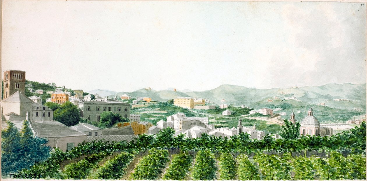Utsikt over byen Genova med Santo Stefano klokketårn (akvarell, ca 1825) av Luigi Garibbo