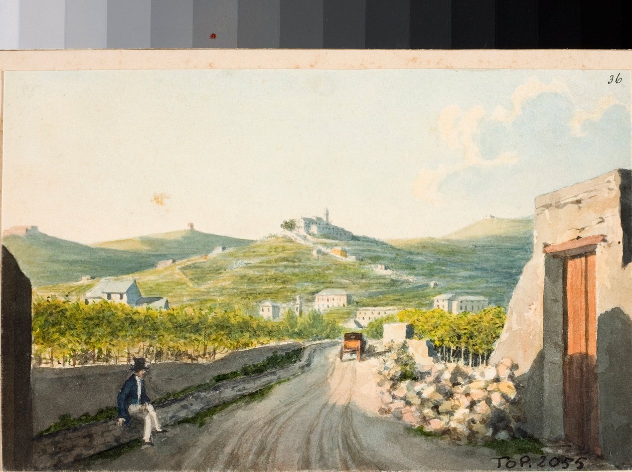 Utsikt over helligdommen Nostra Signora del Monte, Genova (Akvarell, ca 1825) av Luigi Garibbo