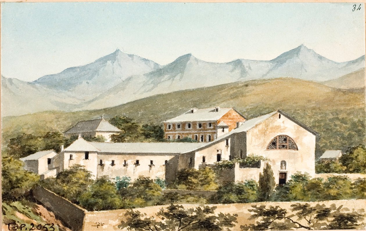 Utsikt over helligdommen Nostra Signora del Monte, Genova (Akvarell, ca. 1825) av Luigi Garibbo