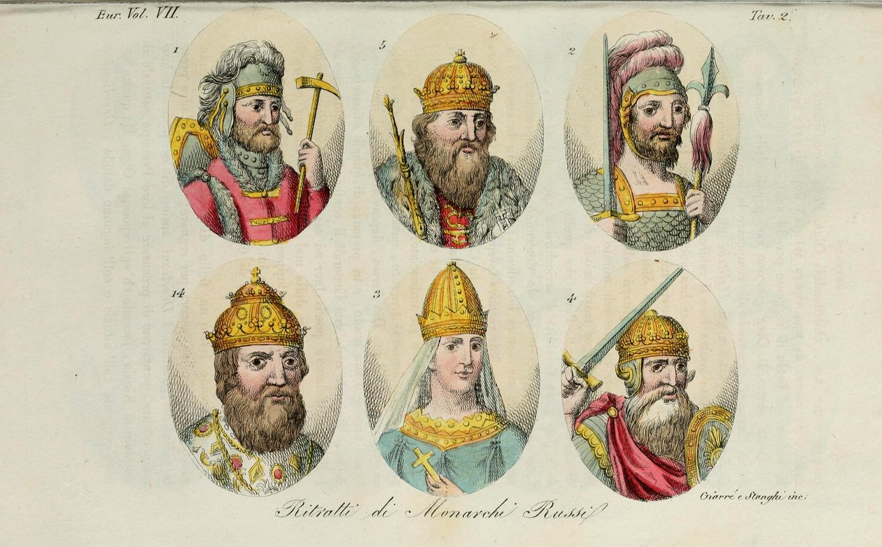 1. Rurik 2. Igor av Kiev 3. Olga 4. Sviatoslav 5. Vladimir den store 14. Ivan IV fra The ancient costume av Giulio Ferrario, 1831 av Luigi Giarrè