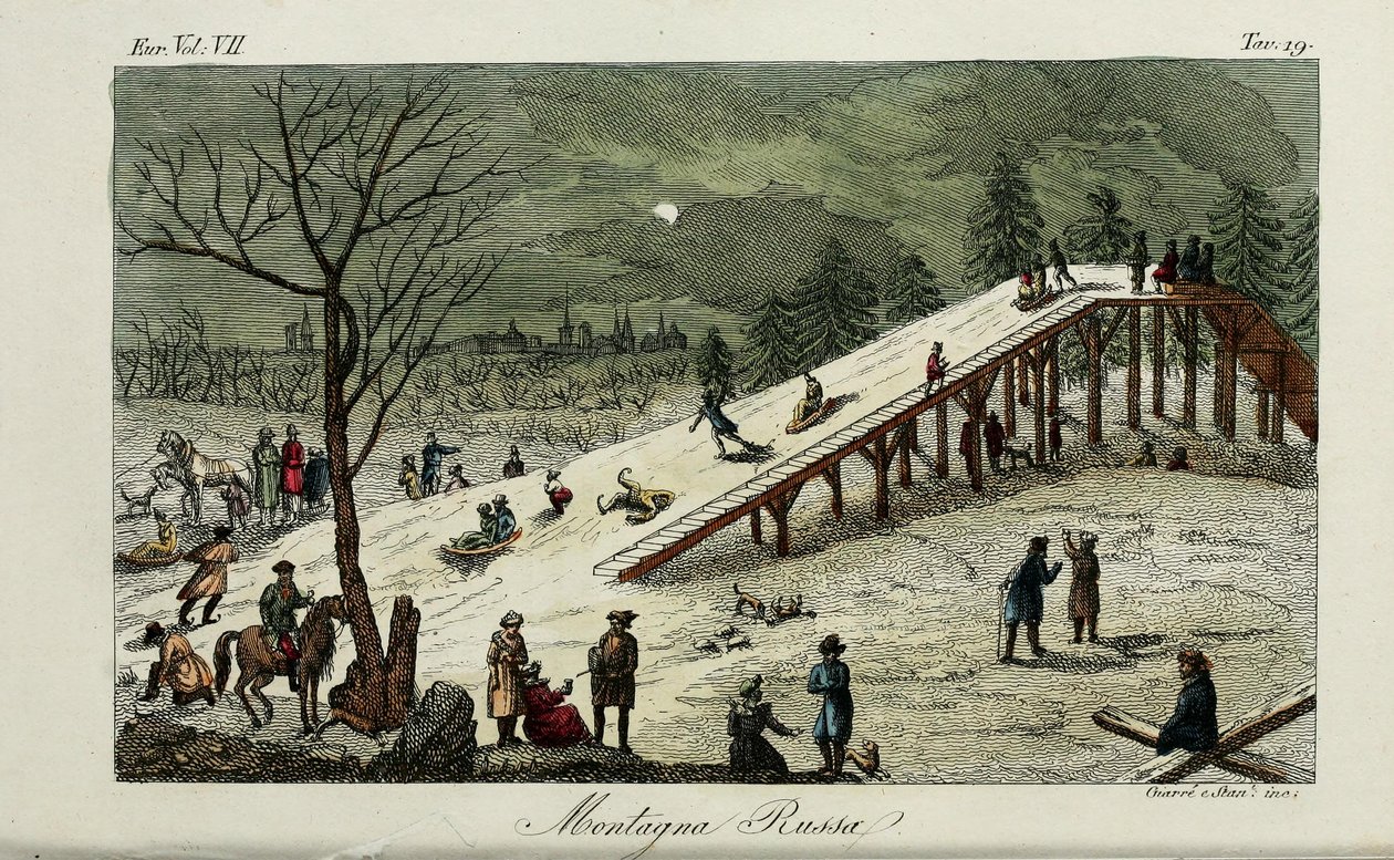 En berg-og-dalbane. Illustrasjon fra gamle og moderne skikker eller regjeringshistorie av Giulio Ferrario, 1831 av Luigi Giarrè