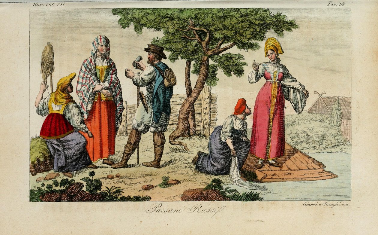 russiske bønder. Illustrasjon fra eldgamle og moderne skikker eller regjeringshistorie ... av Giulio Ferrario, 1831 av Luigi Giarrè