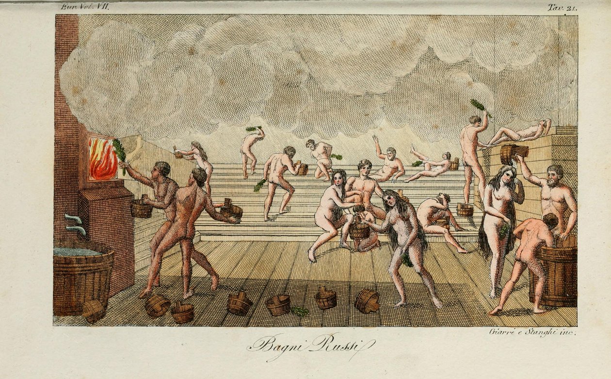 Russisk bad. Illustrasjon fra eldgamle og moderne skikker eller regjeringshistorie ... av Giulio Ferrario, 1831 av Luigi Giarrè