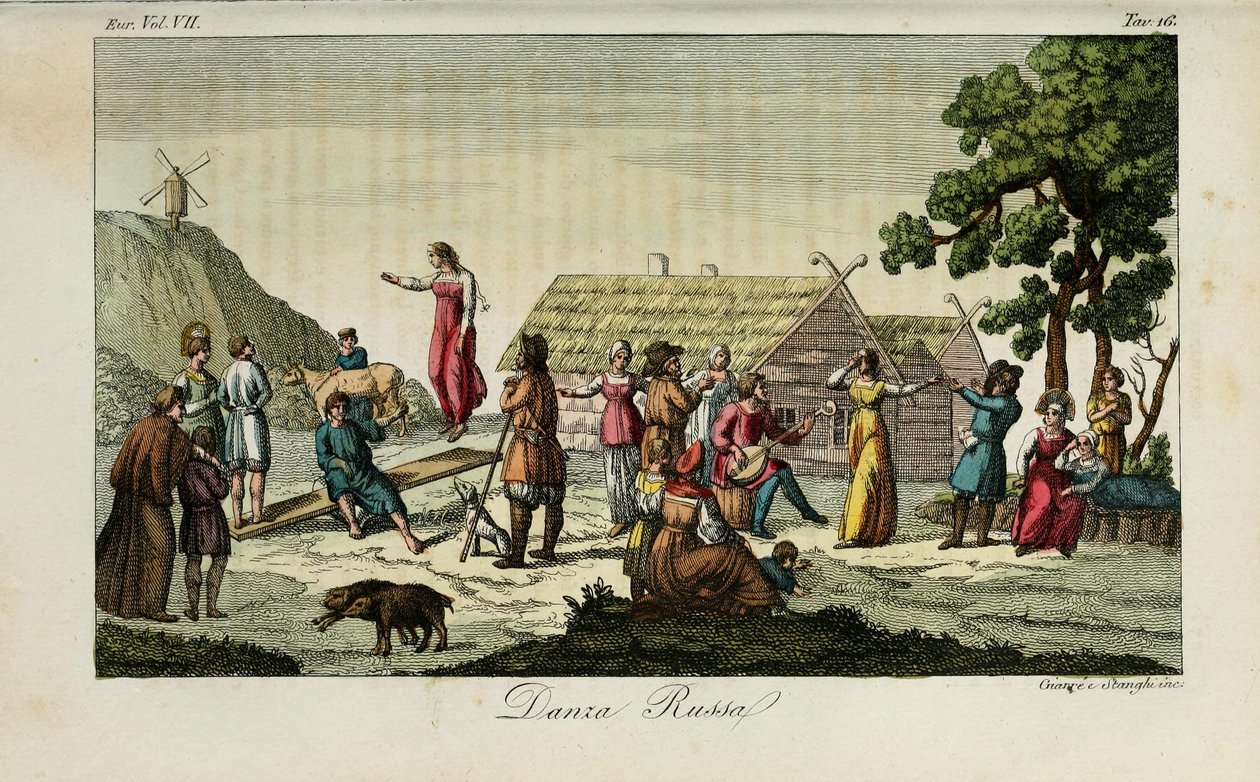 Russisk dans. Illustrasjon fra gamle og moderne skikker eller regjeringshistorie av Giulio Ferrario, 1831 av Luigi Giarrè
