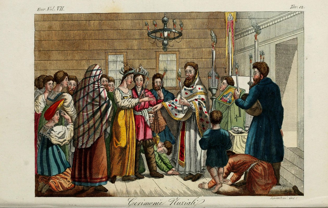 Forlovelsen. Illustrasjon fra eldgamle og moderne skikker eller regjeringshistorie ... av Giulio Ferrario, 1831 av Luigi Giarrè