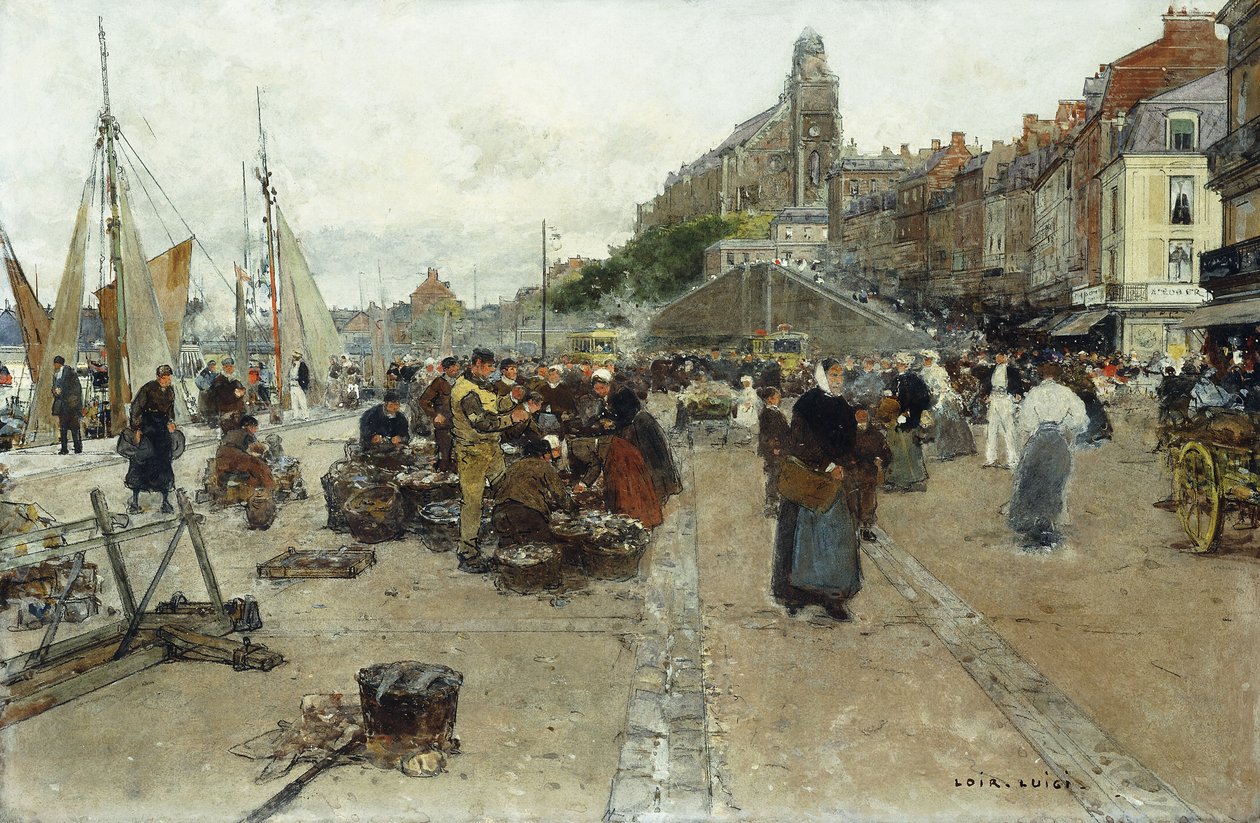 Markedsplass ved en havn, av Luigi Loir
