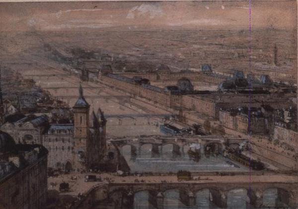 Ile de la Cite og Palais du Louvre, Paris av Luigi Loir