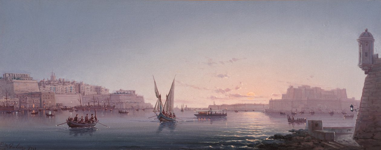 Grand Harbour, Malta, fra Corrodino, 1911 av Luigi Maria Galea