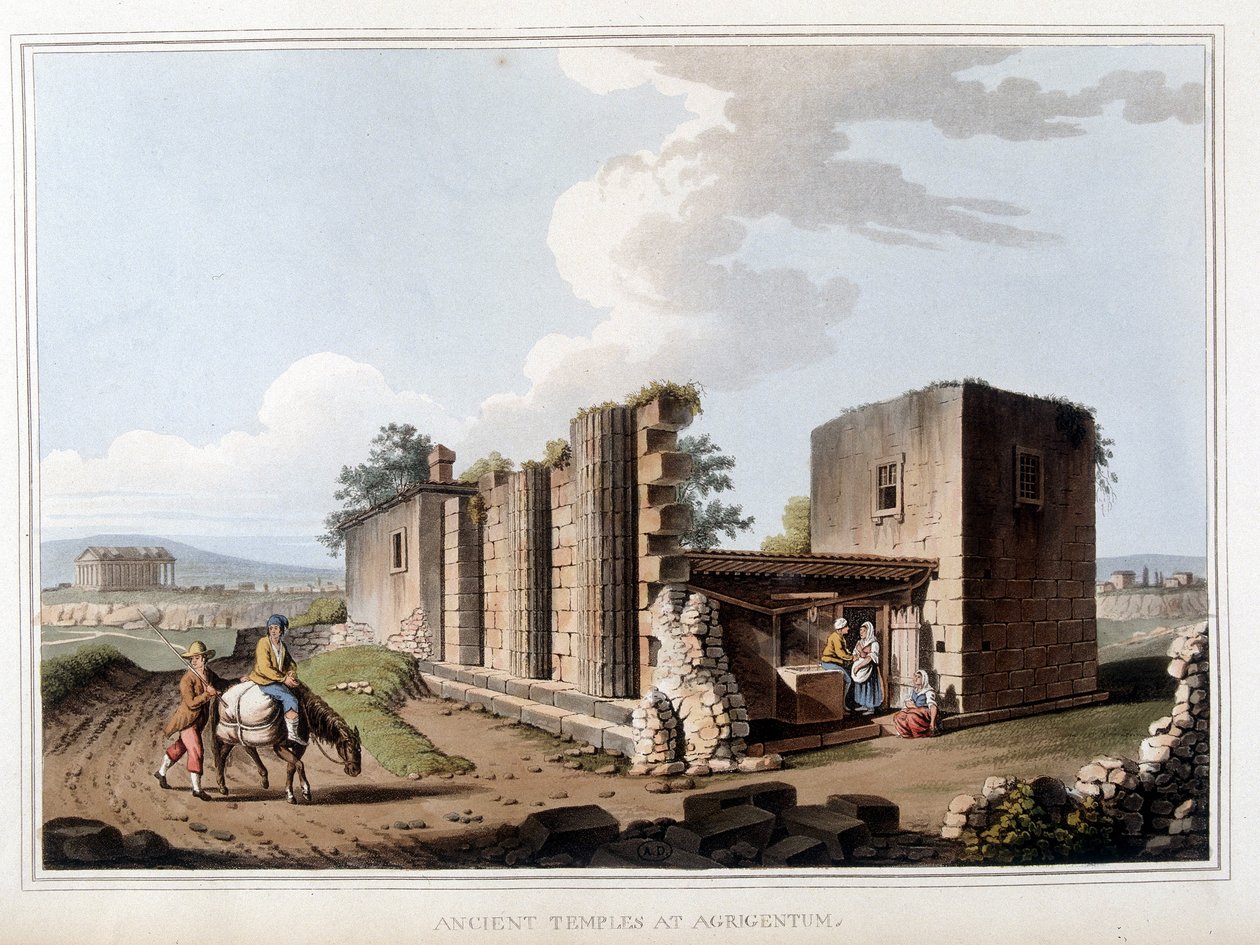 Gammelt tempel i Agrigento i Italia. i "" Utsikt i de osmanske dominansene, i Europa, i Asia og noen av middelhavsøyene"" fra de originale tegningene tatt av Luigi Mayer, London av Luigi Mayer