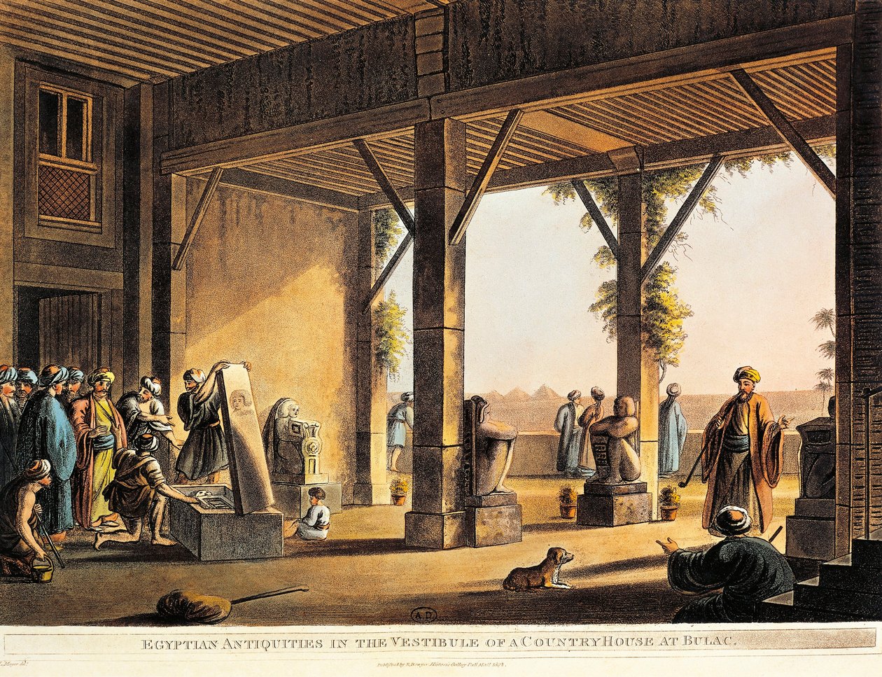 Egyptiske antikviteter i gården til et Boulaq-hus fra Views in Egypt av Luigi Mayer, gravering av Luigi Mayer